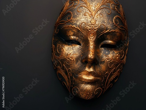 Elegant golden face mask on rich background copy space for text