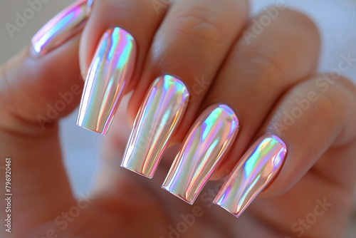 Iridescent holographic nails. Futuristic shine and appeal
