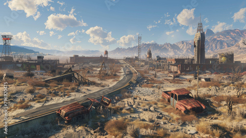 Post-Apocalyptic map with a few clear locations and settlements, like highways, broken bridges and roads, destroyed scyscrappers, containers settlements photo