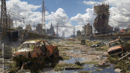 Post-Apocalyptic map with a few clear locations and settlements, like highways, broken bridges and roads, destroyed scyscrappers, containers settlements photo