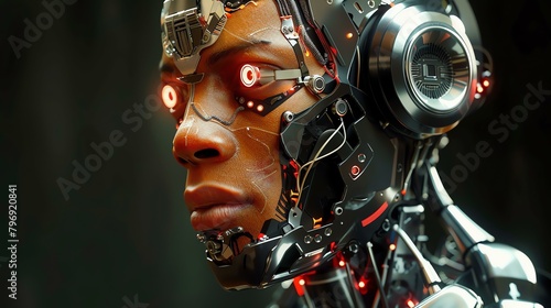 The image is a dark portrait of a cyborg with glowing red eyes. The cyborg is looking at the viewer with a blank expression.
