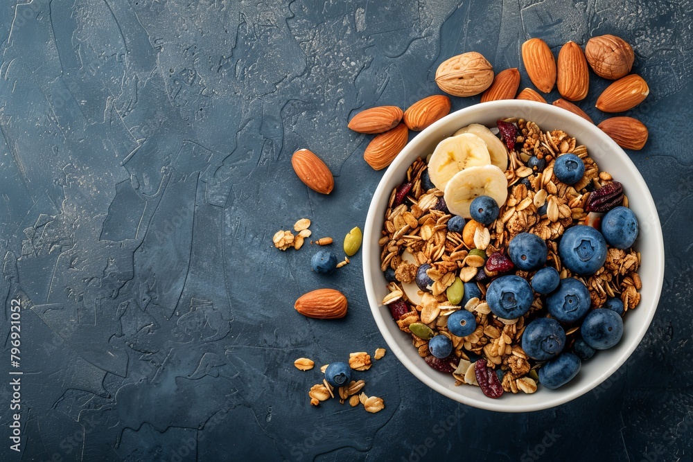 Fototapeta premium Eco-friendly, colorful breakfast mixed in the kitchen with nutrient-rich oatmeal and fiber-rich berries, providing a tasty, natural option for health-conscious mornings.