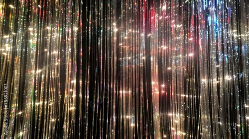 Shiny tinsel curtain with light sparkles. Celebration backdrop, party decorations photo