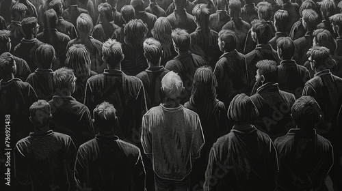 The black and white drawing shows a crowd of people and we can only see their backs. The concept of depersonalization of the masses, as all people are gray and stand densely in space. photo