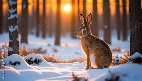 Hare in nature in winter at sunset photo