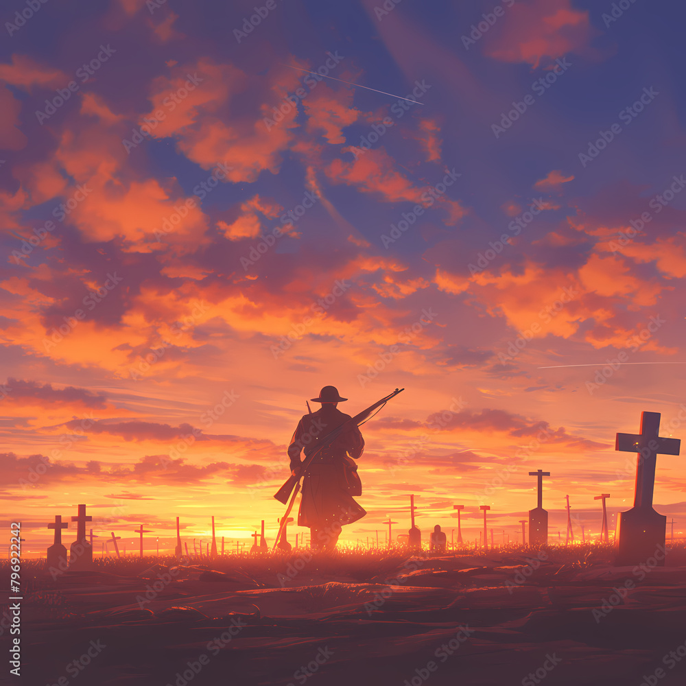 Elegant Sunset: Anzac Day Tribute with a Silhouetted Soldier and Crosses