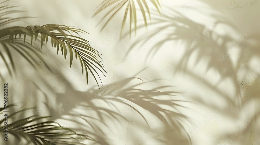Obraz premium Shadow of Palm Leaves on Cream Wall: Minimalistic Summer Background