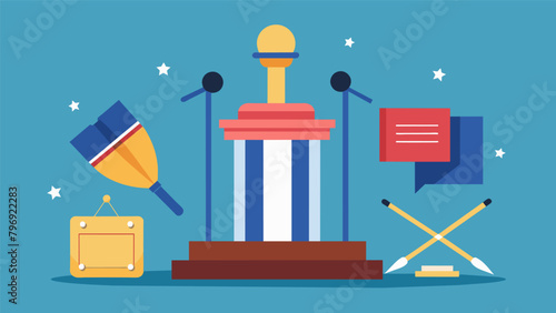 A podium with a microphone and a set of rules for a youth debate on social justice and human rights.. Vector illustration