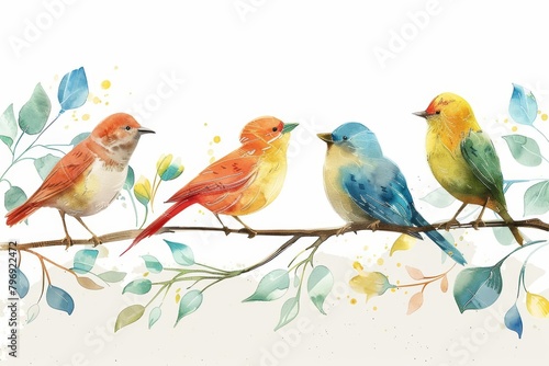 Birds perch delicately on a branch, their feathers vividly illustrated in a childlike drawing set draw concept © JK_kyoto