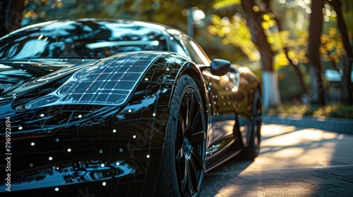 A sleek black sports car with solar panels on its hood and roof is parked in a tree-lined parking lot. photo