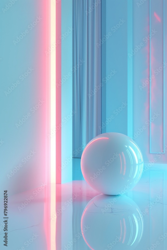 3D render of an abstract background with geometric shapes and neon lights. White sphere in the foreground 3D render of an abstract background with geometric shapes and neon lights. White sphere in the foreground