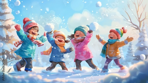 Children, bundled up in colorful winter gear, engage in a spirited snowball fight, their laughter echoing through the frosty air in cartoon concept