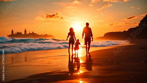 Silhouette of family holding hands and walking on the beach at sunset, Happy family on sandy beach near sea at sunset photo