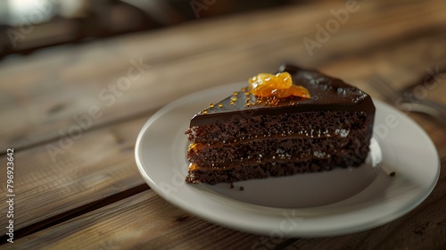 Chocolate cake with orange jam on wooden table, close-up