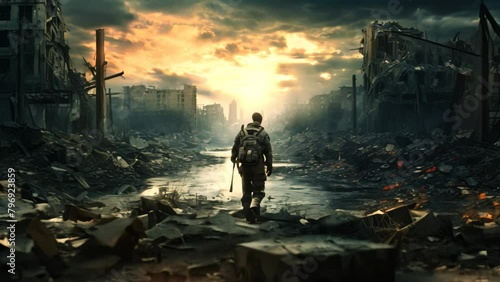 Man standing in the middle of the destroyed city. 3D rendering, Lone soldier walking in a destroyed city photo