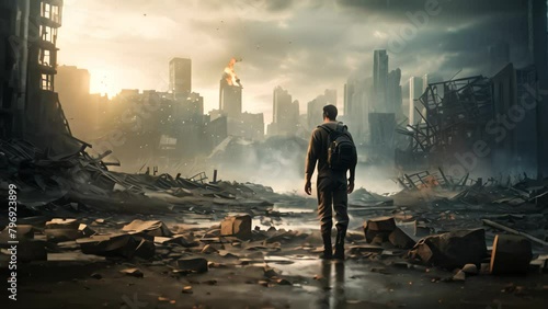 Man with a gun in the middle of a destroyed city at sunset, Lone soldier walking in a destroyed city photo