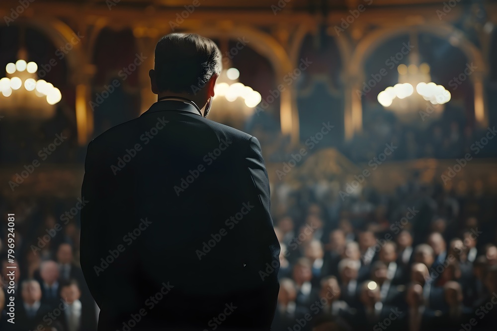 Politician gives speech to party members facing away from camera. Concept Political Speech, Party Meeting, Speaker Addressing Audience, Back View Portrait, Leadership Communication
