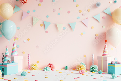 3d rendering of colorful background wall with birthday party decoration, bright colors, empty wall mock up, birthday invitation, greeting card