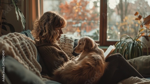 A woman is sitting on a couch with a dog in her lap. She is reading a book and the dog is looking up at her. The background is a living room with a window and a plant.