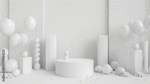 3d rendering of a minimalistic white background wall with birthday party decoration  white colors  empty wall mock up  birthday invitation  greeting card