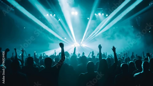 crowd in front of a bright stage with blue rays of light, Night club under blue rays beam and young people holding light, enjoying at concert concept photo