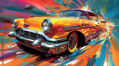 A yellow 1950s car with flames painted on the side is driving through a colorful abstract background.