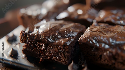 Chocolate brownies with icing on top. Selective focus.