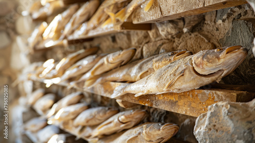 Rows of dried fish on shelves.
