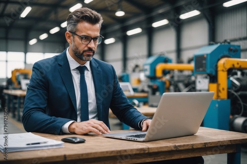 Businessman using laptop in a factory