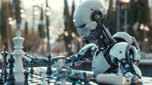 Future of Gaming: A futuristic image envisioning a world where AI-powered robots and humans collaborate in strategic games like chess, blurring the lines between man and machine