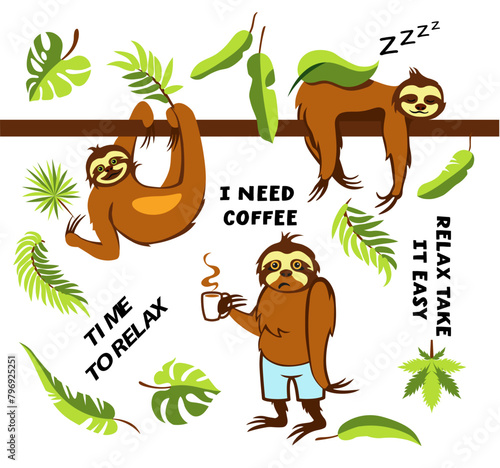 Set of Cute cartoon sloth vector graphic design. Adorable hand drawn baby sloth characters hanging on the tree.