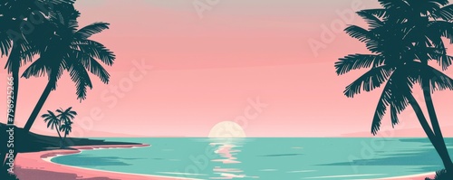 Flat design illustration of a beach with palm trees  a pink sky and a turquoise sea Generative AI