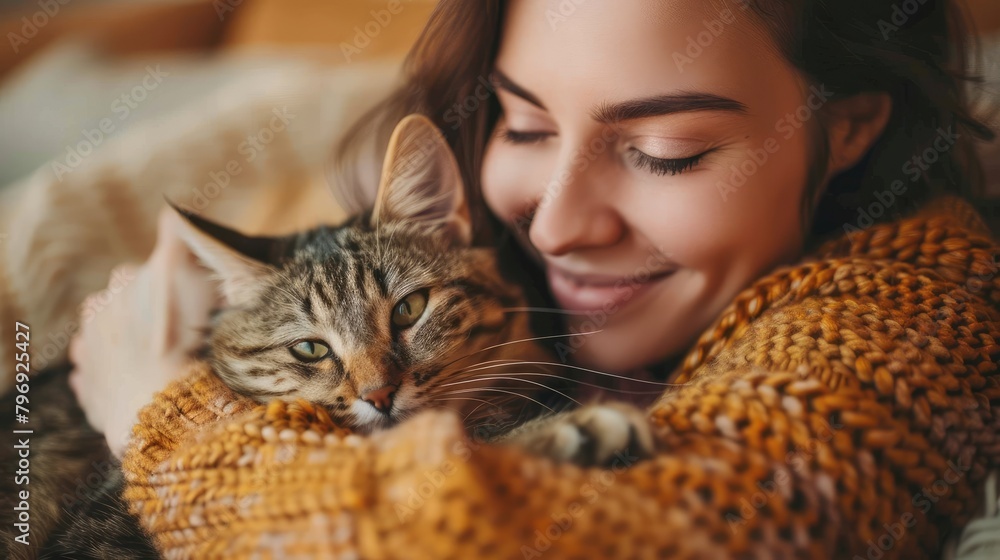 A young woman is hugging a cat