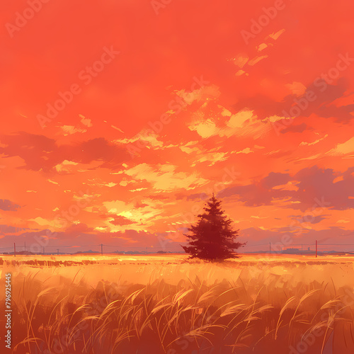 Breathtaking sunset with a single pine tree silhouetted against an orange sky and golden wheat field. Adobe stock image for travel, nature, and serenity themes.