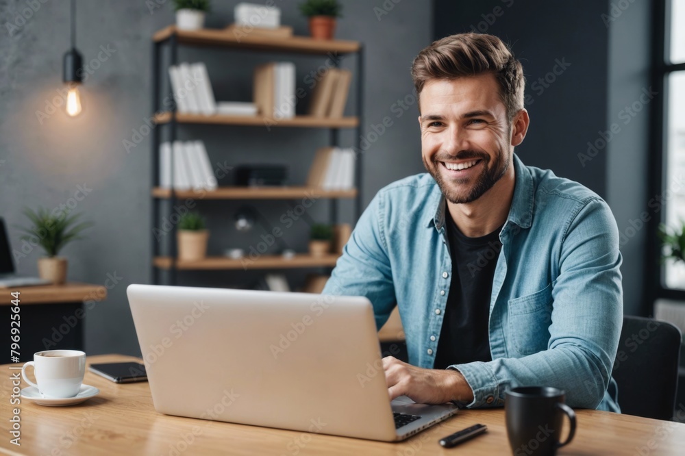 Smiling male podcaster sitting in front of laptop on table at office Smiling male podcaster sitting in front of laptop on table at office
