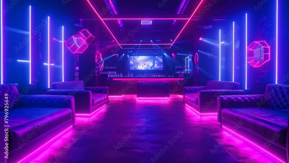 Interior of a nightclub with neon lights, 3d render, Stylish nightclub with neon spotlights Interior of a nightclub with neon lights, 3d render, Stylish nightclub with neon spotlights
