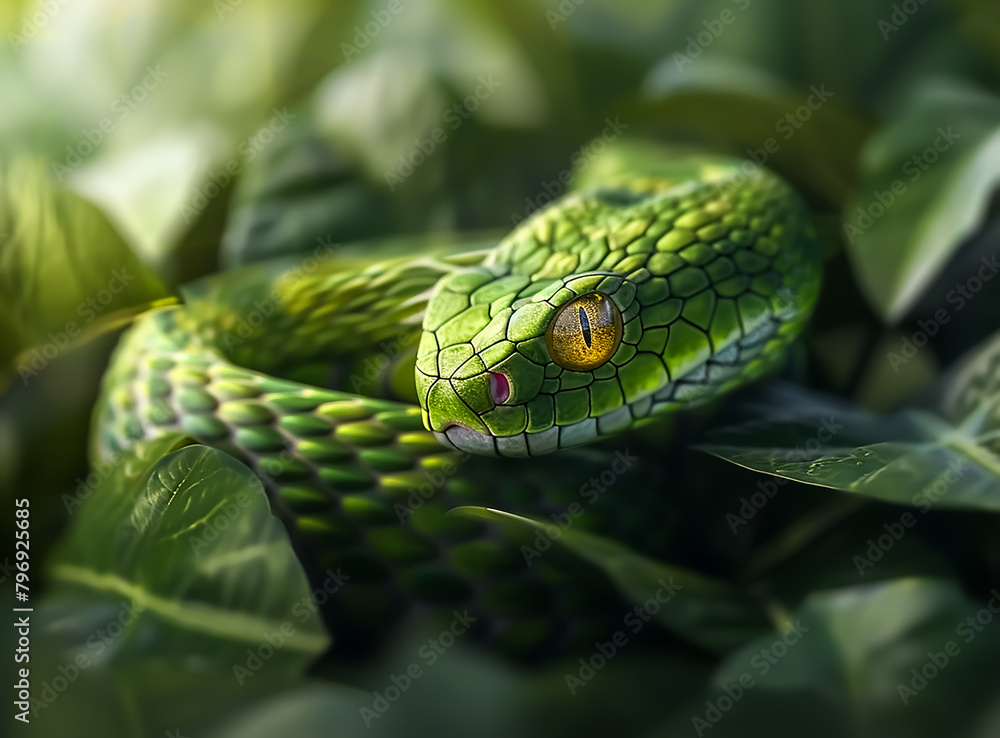 Closeup portrait of a dangerous Snake hiding in leaves, macro photography, Closeup portrait of a dangerous Snake hiding in leaves, macro photography,