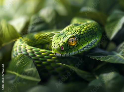 Closeup portrait of a dangerous Snake hiding in leaves, macro photography, 