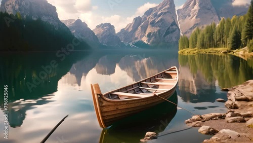 Fantastic view of lake braies at sunrise, Dolomites, Italy, A beautiful view of a traditional wooden rowing boat on scenic Lago di Braies in the Dolomites in the soft morning ligh photo