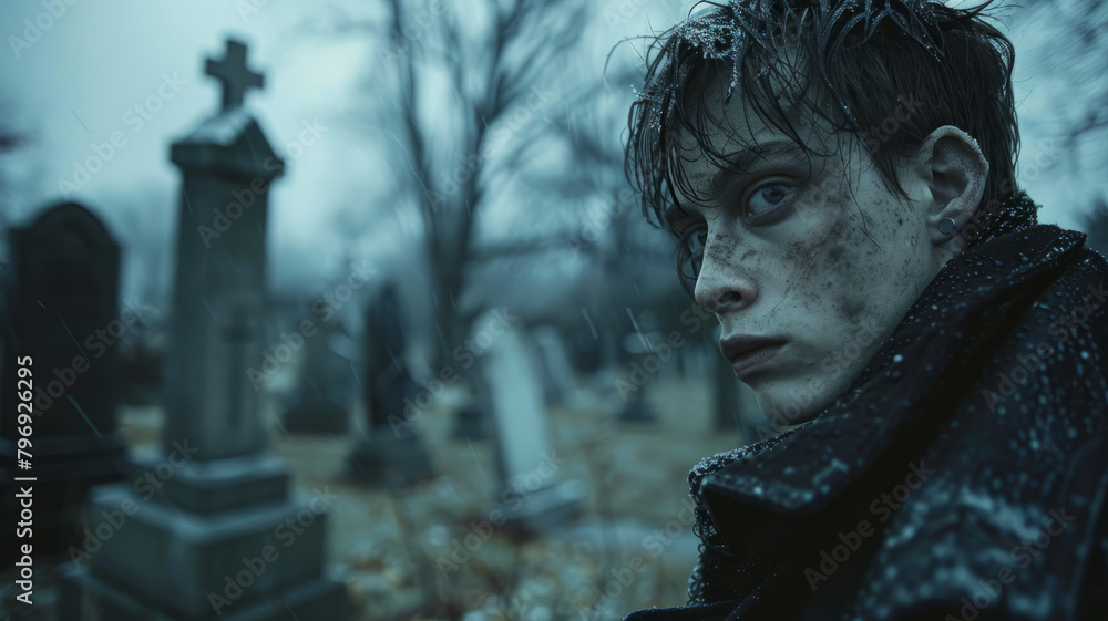 Young male with a spooky appearance in a cemetery