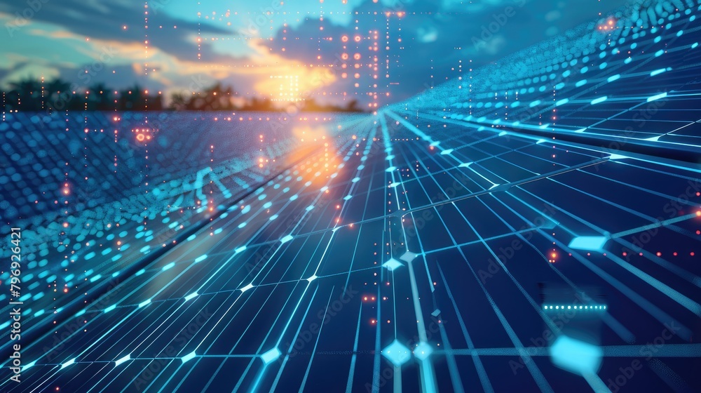 An illustration of a solar farm at sunset. An illustration of a solar farm at sunset.