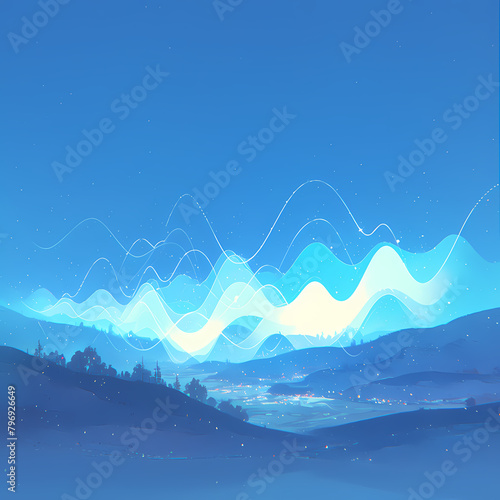 Ethereal Landscape Image: Stunning Blue Hues and Mesmerizing Sonic Wave Representation Ideal for Sound Art & Nature-Inspired Projects