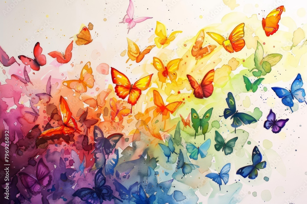 A burst of colorful butterflies takes flight, weaving through the air like floating petals, kawaii water color
