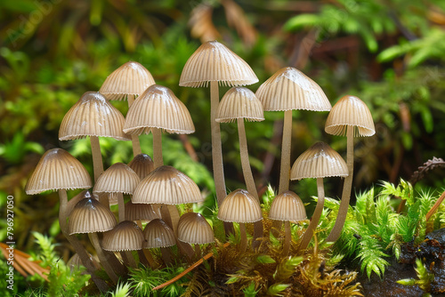 A cluster of delicate wild mushrooms growing in a mossy forest
