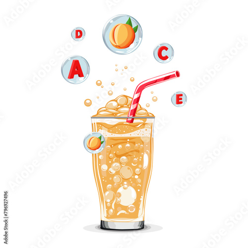 Healthy orange peach oxygen cocktail with air bubbles. Isolated vector summer drink for design