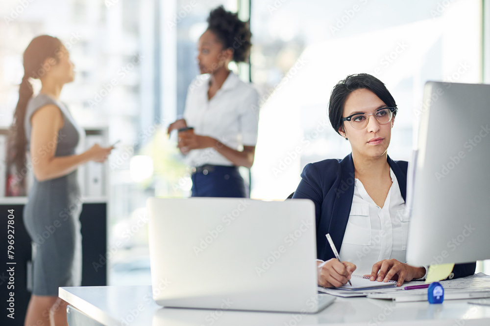 Notes, office and businesswoman at desk with laptop for career with records or tech for work. Planning, administration and busy in company for management, feedback and online research with computer Notes, office and businesswoman at desk with laptop for career with records or tech for work. Planning, administration and busy in company for management, feedback and online research with computer