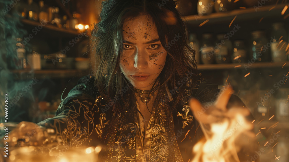 Young sorceress casting a spell with fire Young sorceress casting a spell with fire