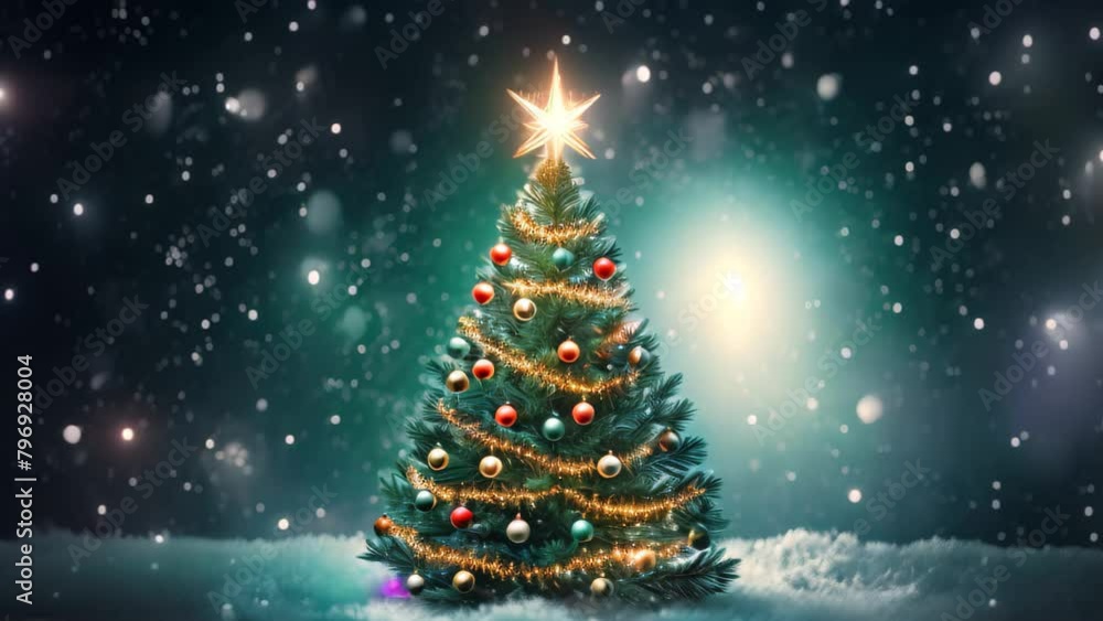 Christmas tree on snow background with falling snow and bokeh lights, Christmas Tree With Baubles And Blurred Shiny Lights Christmas tree on snow background with falling snow and bokeh lights, Christmas Tree With Baubles And Blurred Shiny Lights