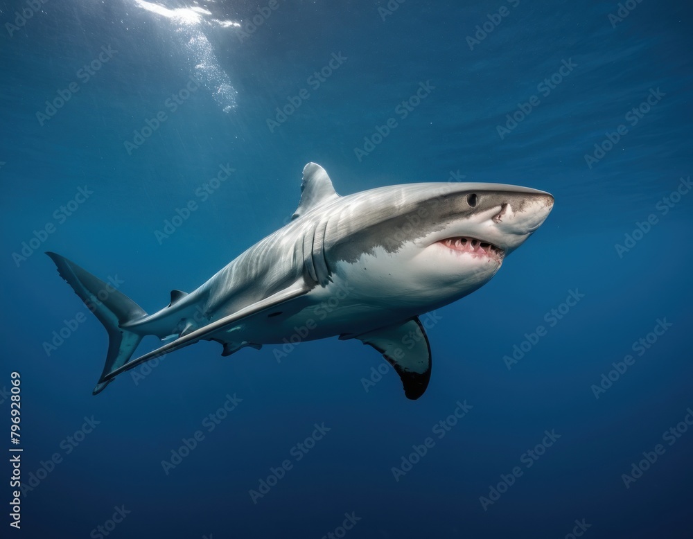 Underwater shot of a solitary shark swimming in the blue ocean with visible teeth and fins.