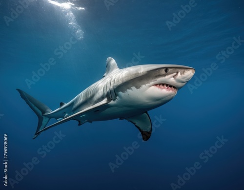 Underwater shot of a solitary shark swimming in the blue ocean with visible teeth and fins.